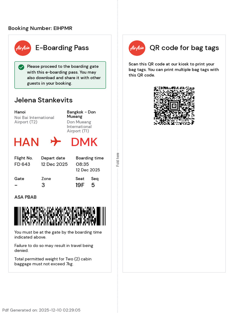 E-Boarding Pass QR Code For Bag Tags: Booking Number: EIHPMR | PDF