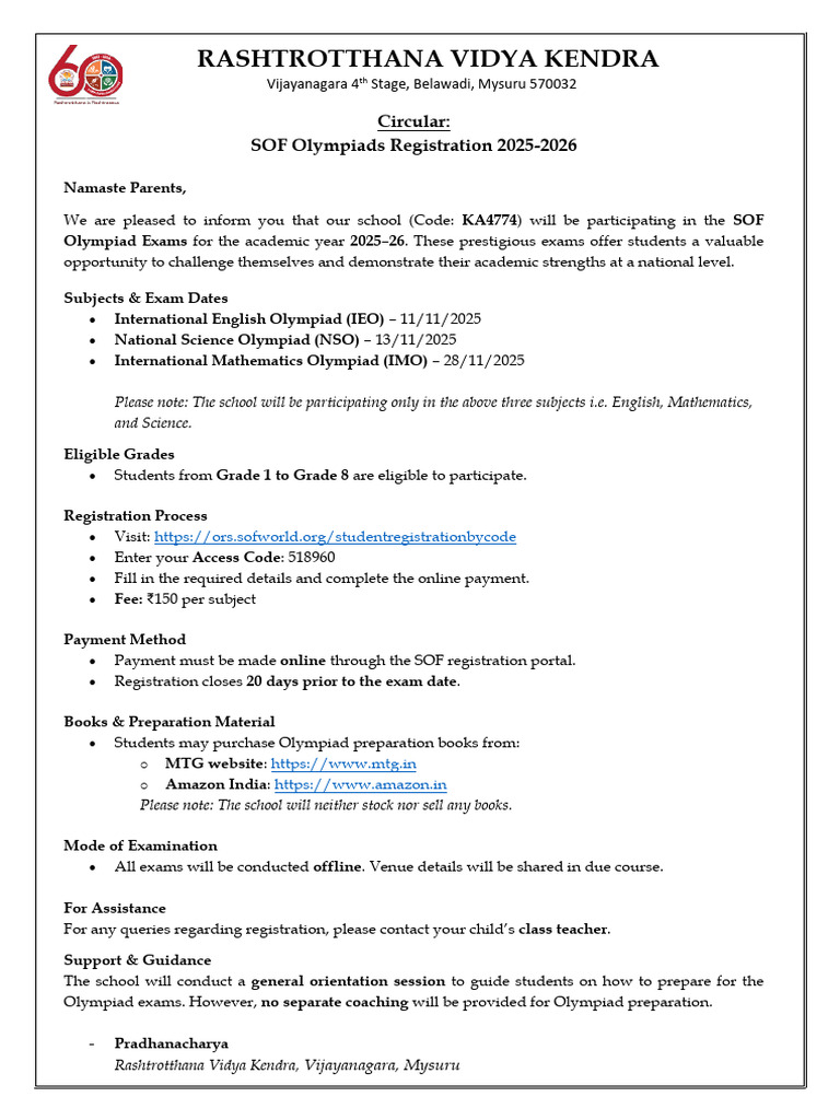 Circular - SoF Olympiad Exams | PDF