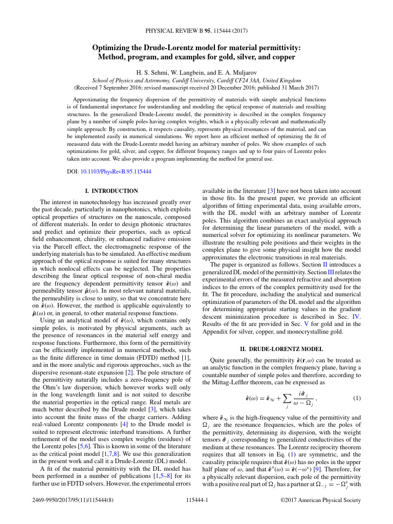 2017 Optimizing The Drude Lorentz Model For Material Permittivity | PDF ...