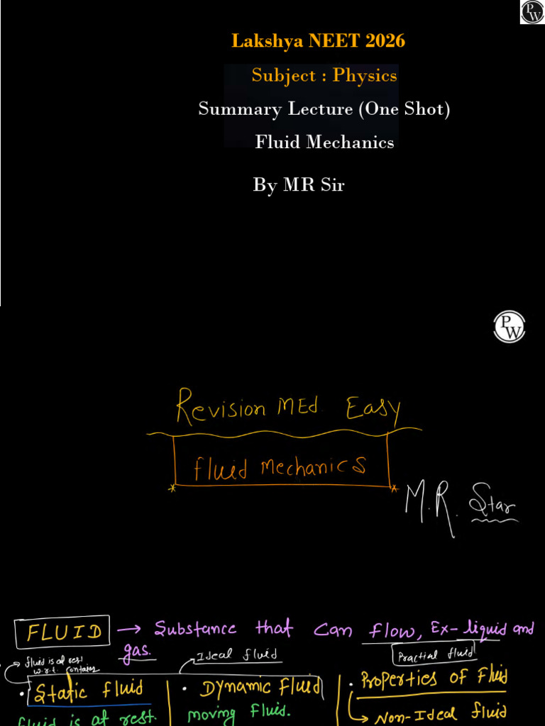 Fluid Mechanics Summary Lecture Class Notes Lakshya NEET 2026 | PDF