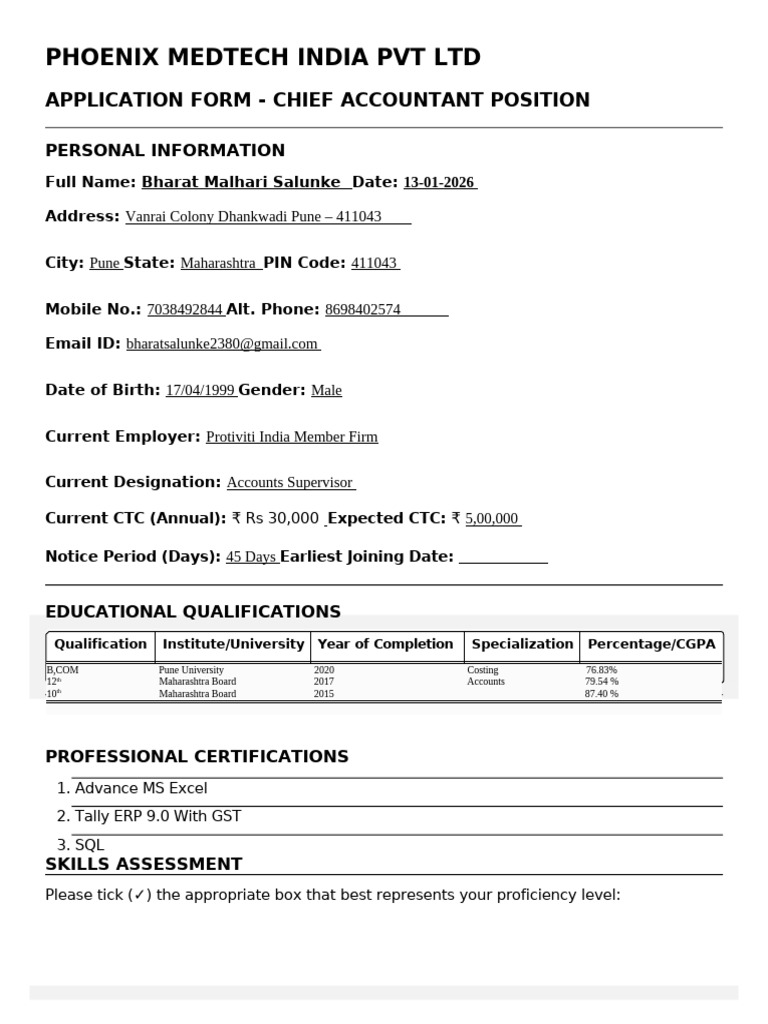 Chief Accountant Application Form - Phoenix MedTech India PVT LTD | PDF ...