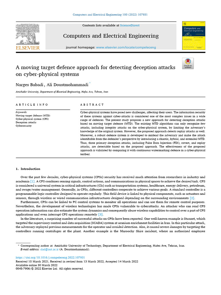 A Moving Target Defense For Detecting Deception in CPS | PDF | Kalman ...