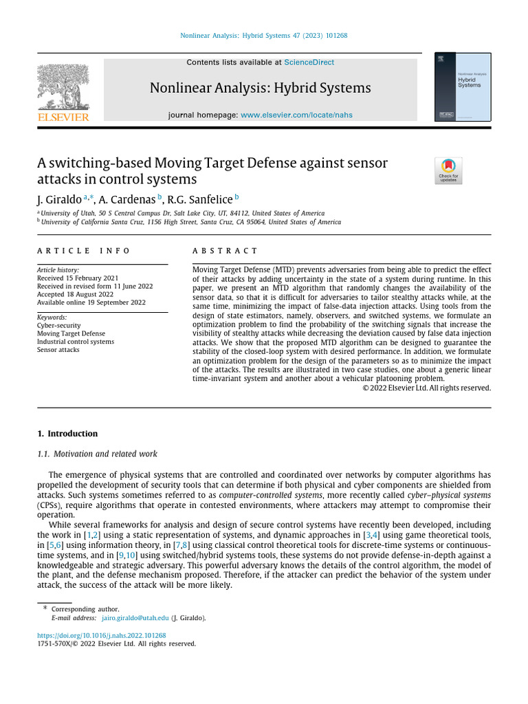 A Switching Based MTD Against Sensor Attacks in Control Systems | PDF ...
