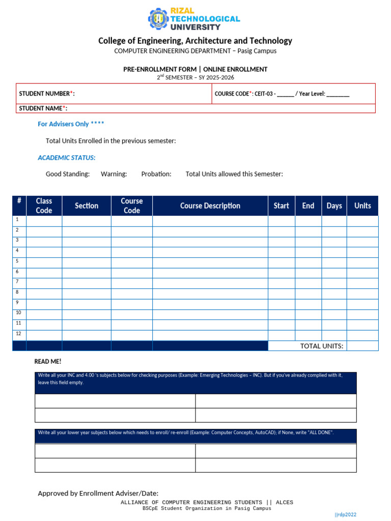 Blank Pre-Enrollment Form | PDF | Science | Engineering
