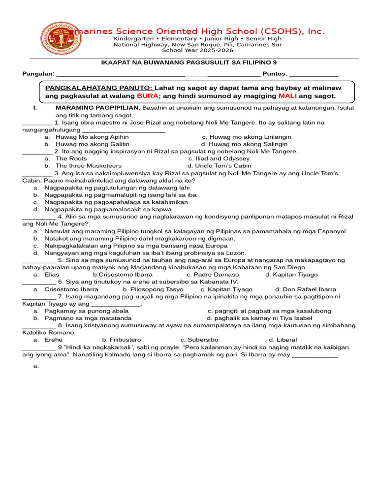 Ikaapat Na Buwanang Pagsusulit Sa Filipino 9 | PDF