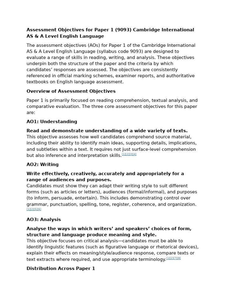 Assessment Objectives For Paper 1 | PDF | Reading Comprehension ...