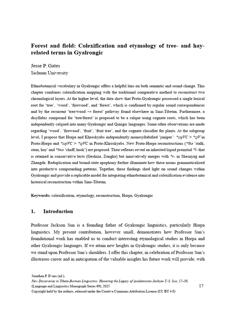 Forest and Field Colexification and Etymology of Tree - and Hay-Related ...