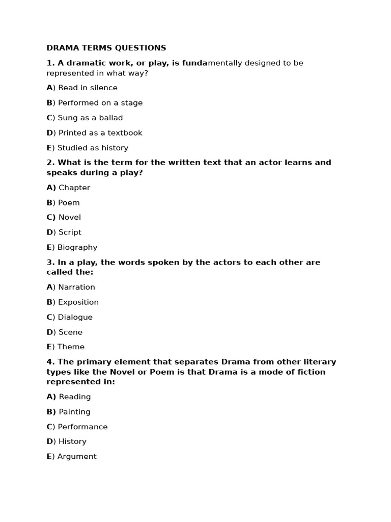 Drama Terms Questions | PDF | Play (Theatre) | Comedy