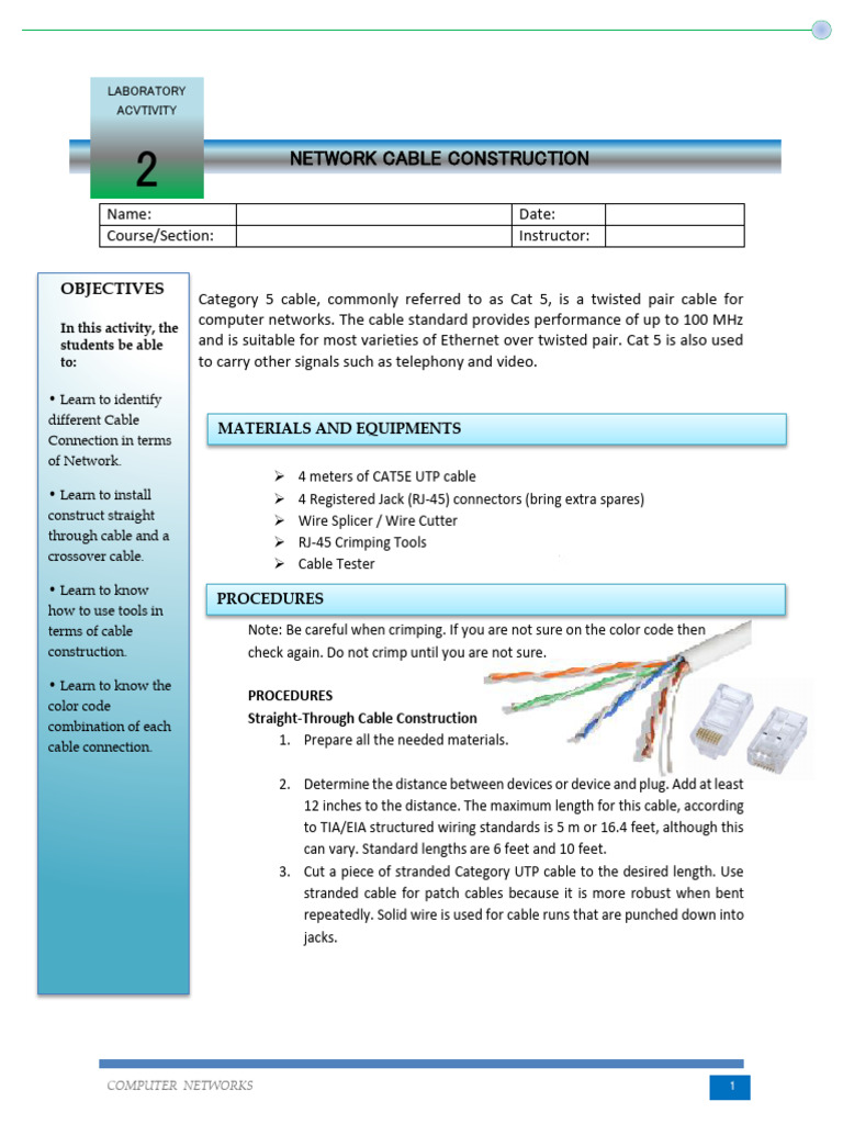 Experiment 2 Network Cable Construction | PDF | Electrical Connector ...