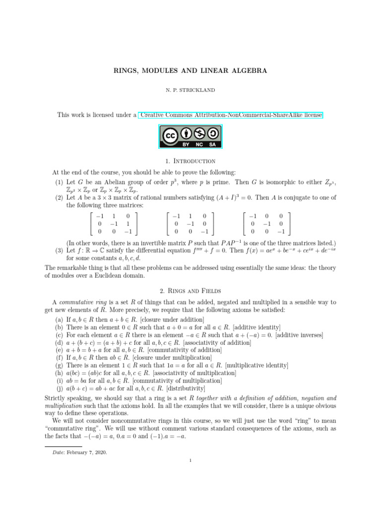 Rings, Modules and Linear Algebra - Neil P. Strickland | PDF | Ring ...