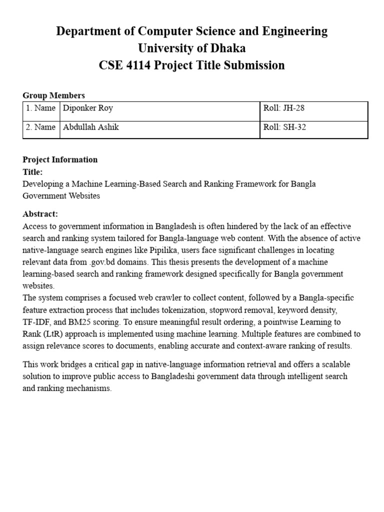 CSE 4114 Project Submission Form | PDF