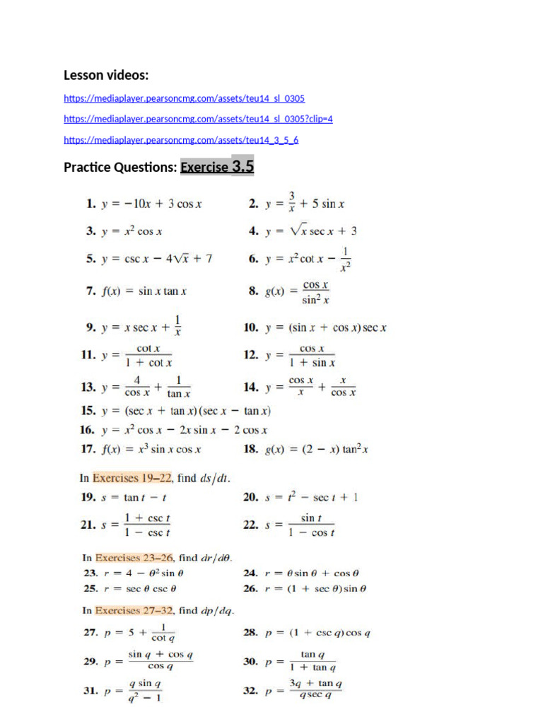 Ex # 3.5 Derivatives of Trigonometric Functions | PDF