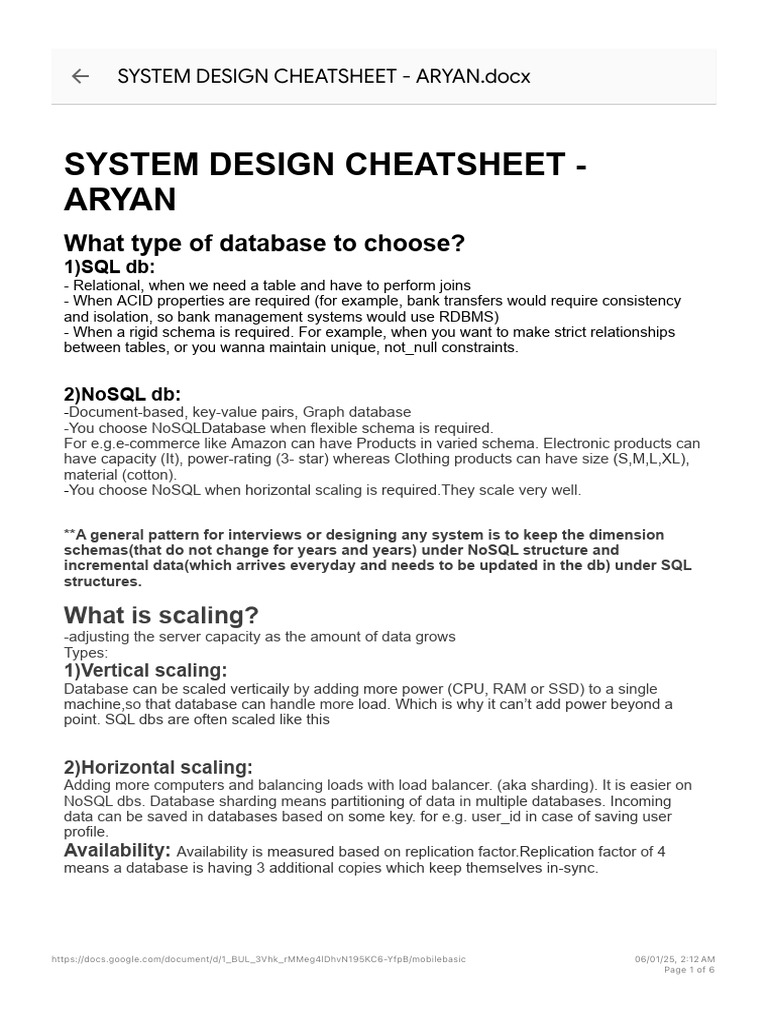 System Design Cheatsheet - Aryan | PDF | No Sql | Databases