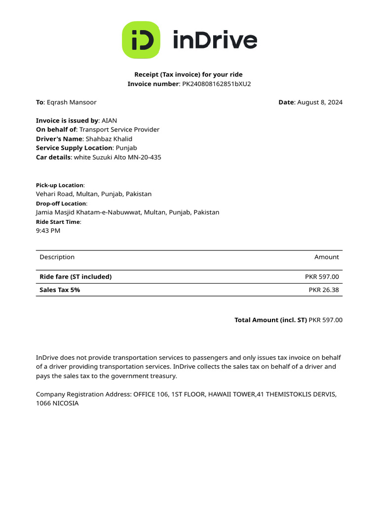 Receipt (Tax Invoice) For Your Ride Invoice Number To Invoice Is Issued ...