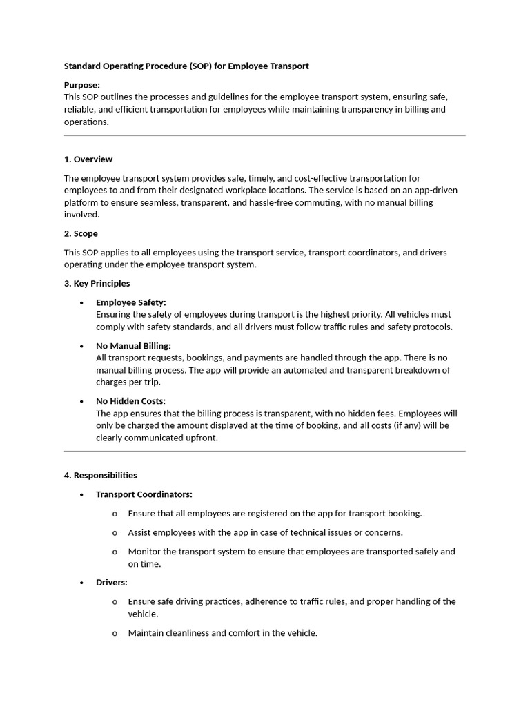 Standard Operating Procedure (SOP) For Employee Transport | PDF ...