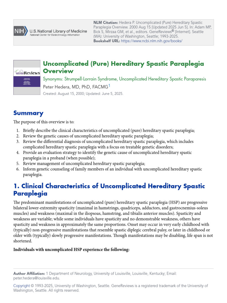 Uncomplicated (Pure) Hereditary Spastic Paraplegia Overview | PDF ...