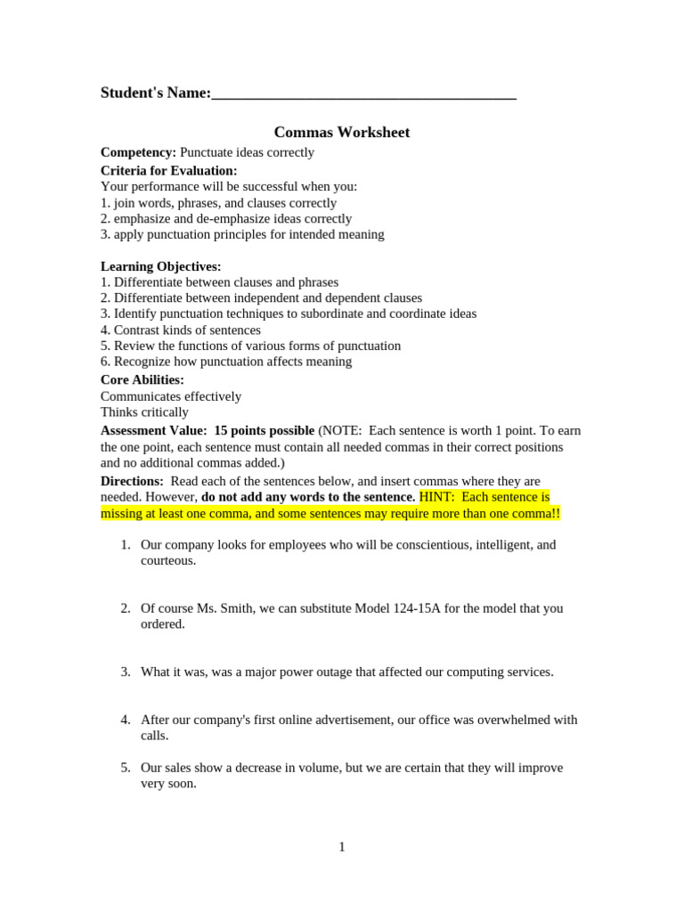 CommasWorksheet Answer Sheet | PDF | Comma | Sentence (Linguistics)