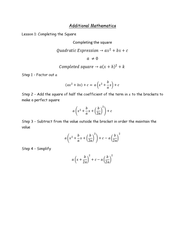 Additional Mathematics Completing The Square | PDF