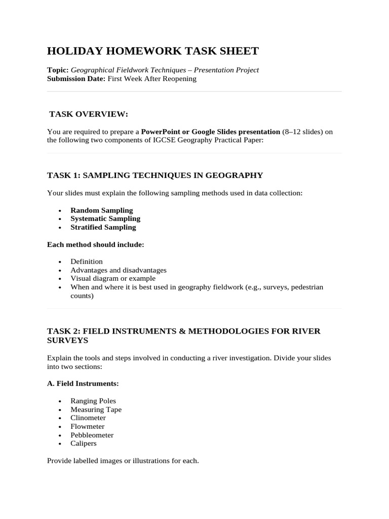 Holiday Homework Task Sheet For Geography | PDF