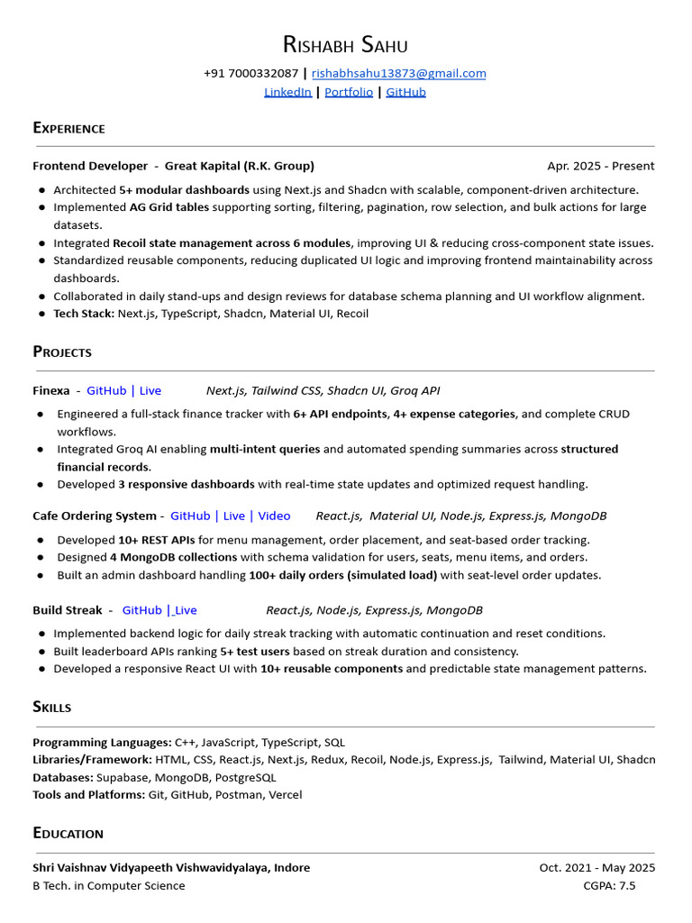 Rishabh Sahu - Full Stack Developer - Resume | PDF | Mongo Db | Databases