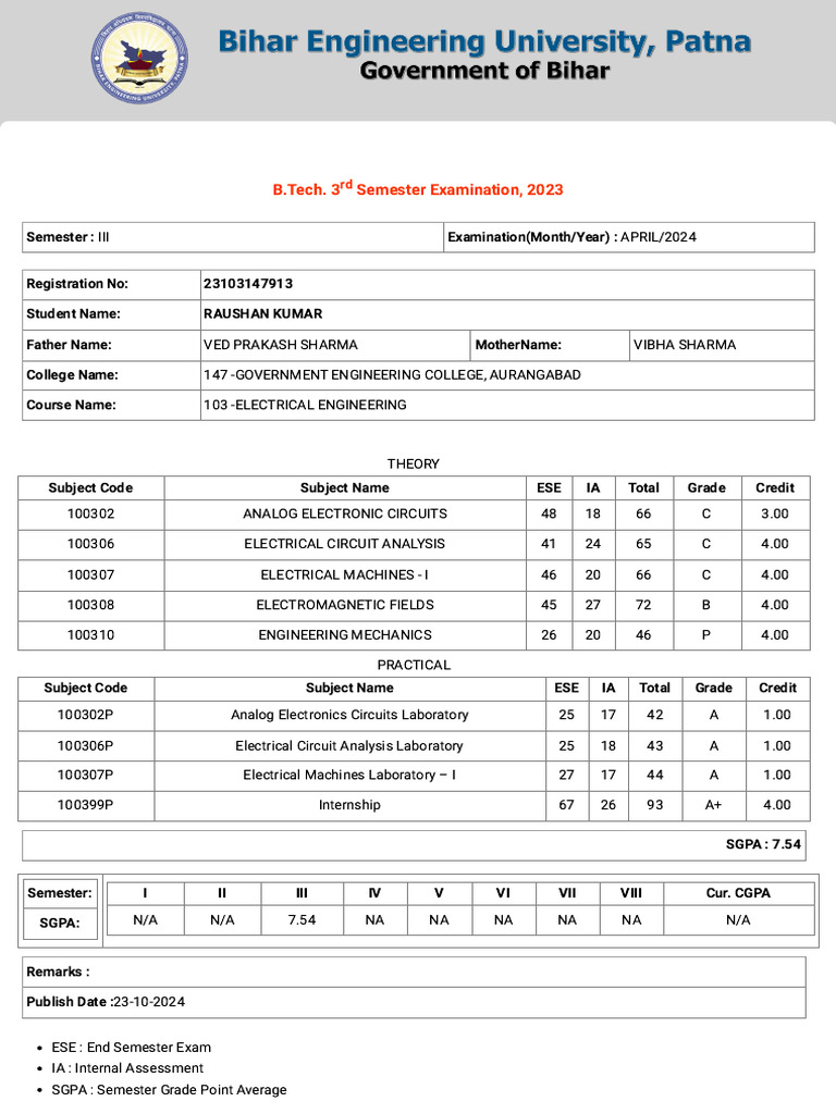 3rd Sem Marksheet | PDF
