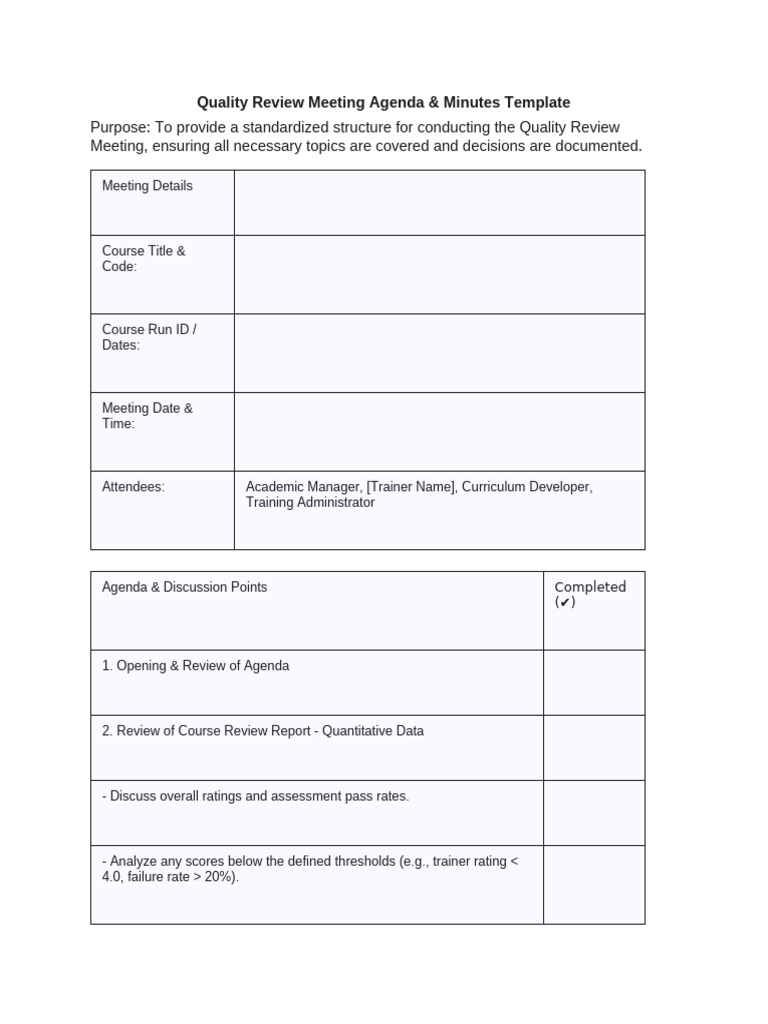 Quality Review Meeting Agenda & Minutes Template | PDF