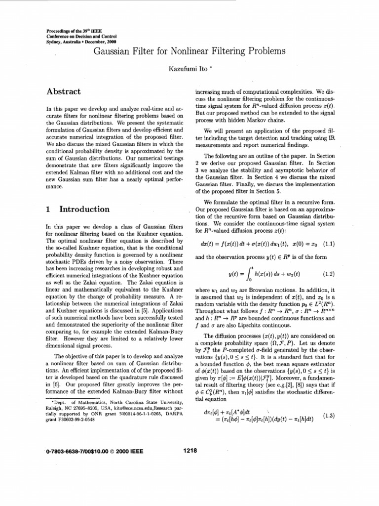 Gaussian Filter For Nonlinear Filtering Problems | PDF | Normal ...
