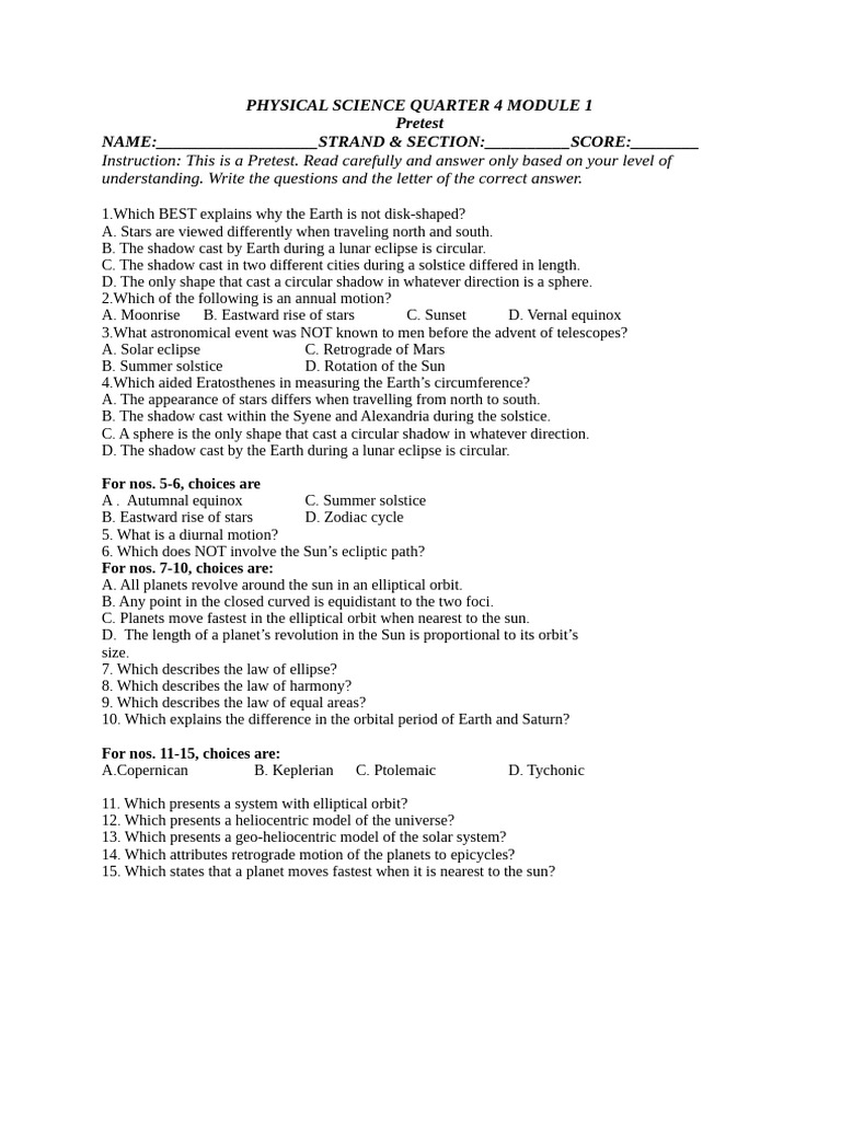 Pretest Physical Science Quarter 4 Module 1 | PDF | Sun | Local ...