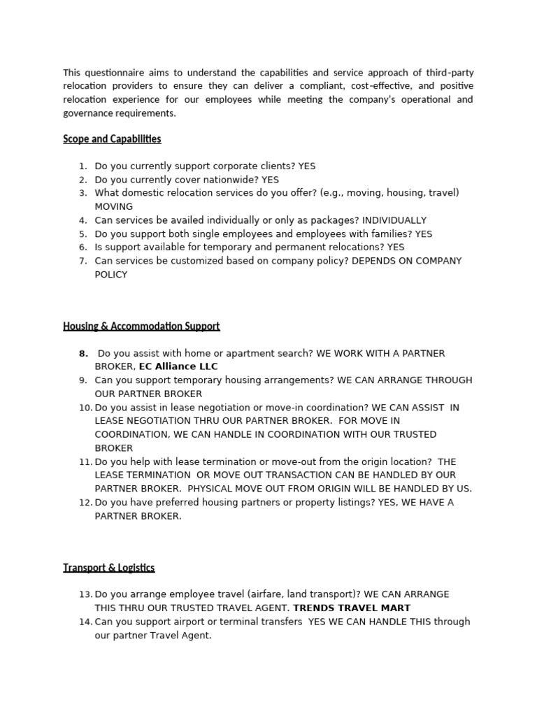 Domestic Relocation Questionnaire | PDF | Business | Economies