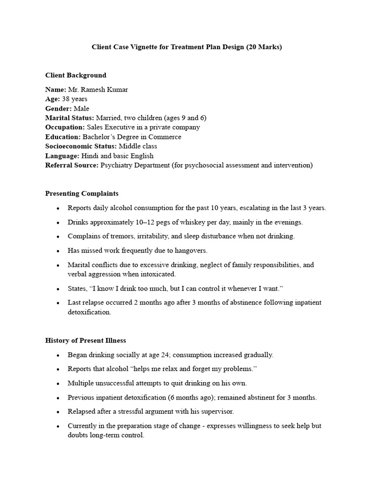 Client Case Vignette For Treatment Plan Design | PDF | Alcoholism | Relapse