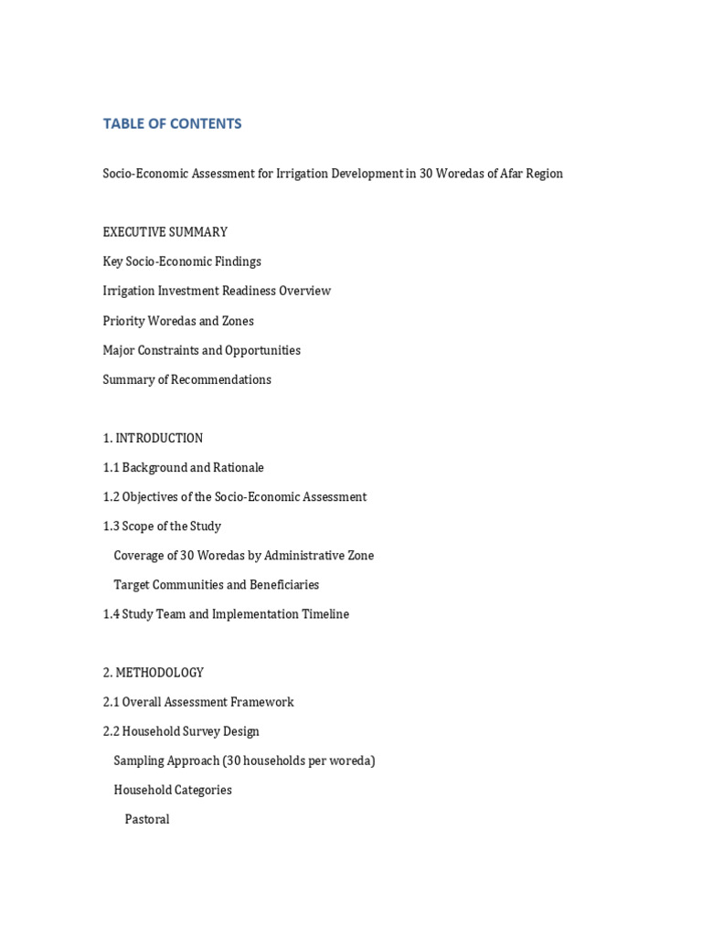 Socio Economic Assessment Table of Contents | PDF | Economics | Irrigation