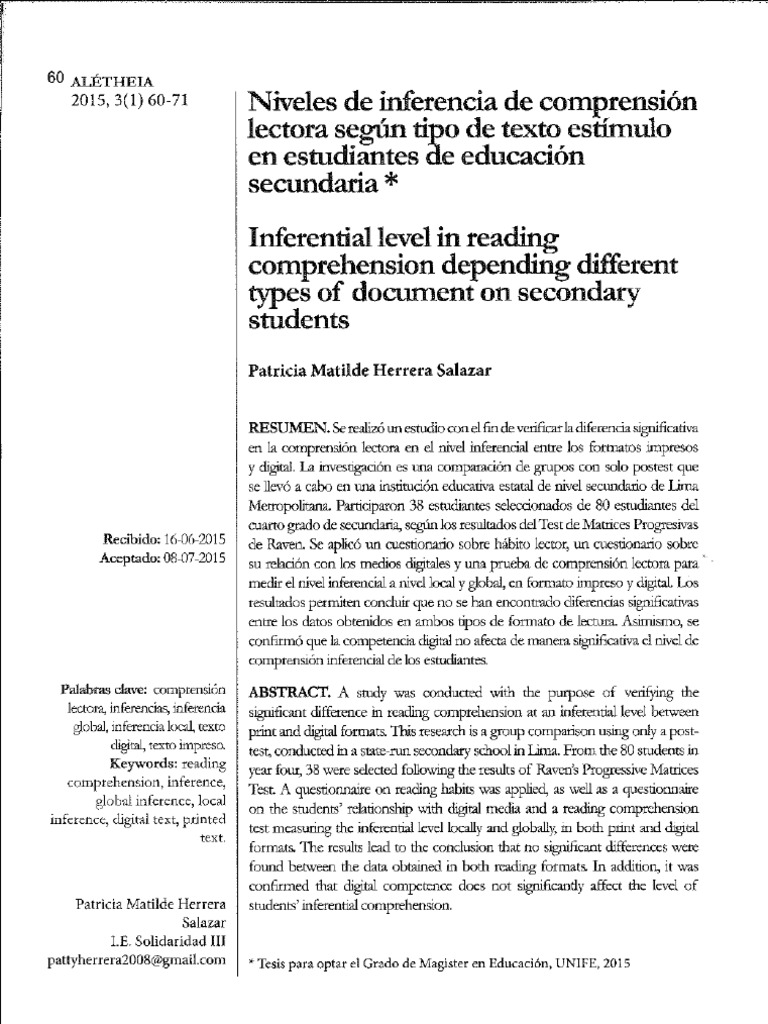 Niveles de Inferencia de Comprensión Lectora | PDF | Comprensión ...