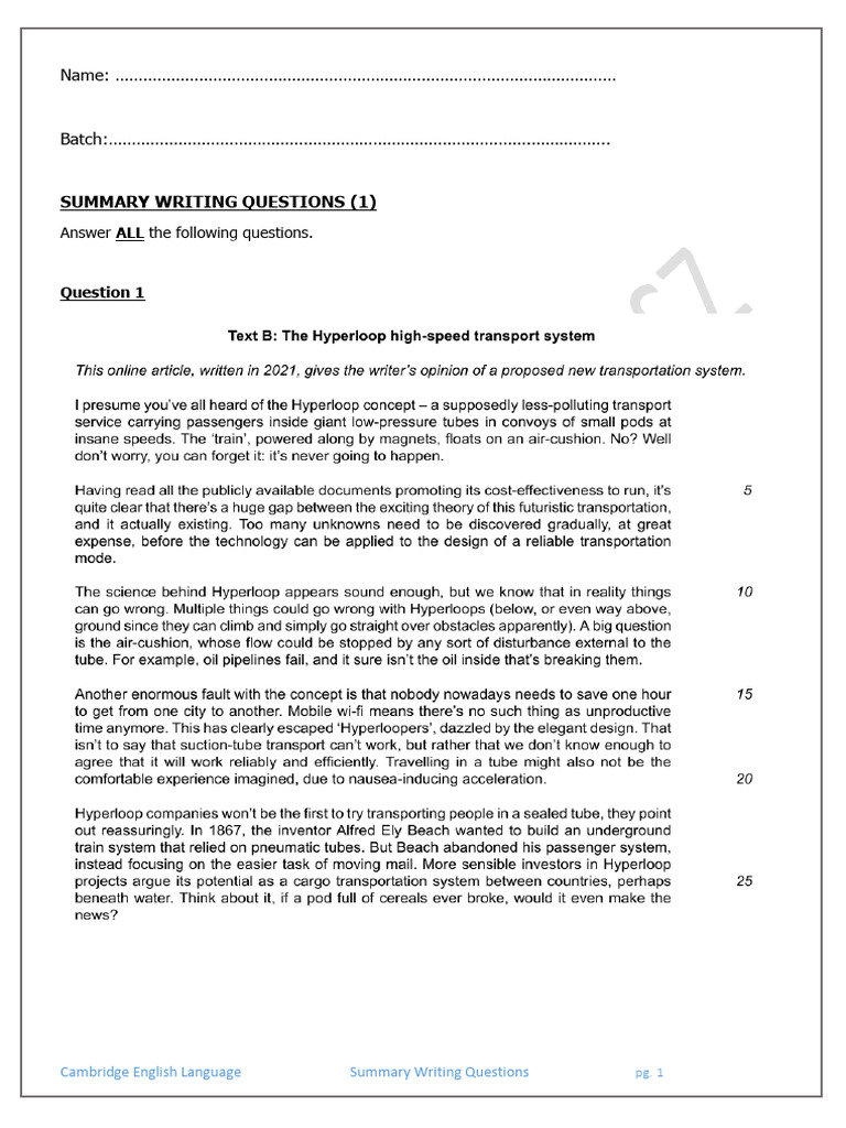 Summary Writing Questions | PDF