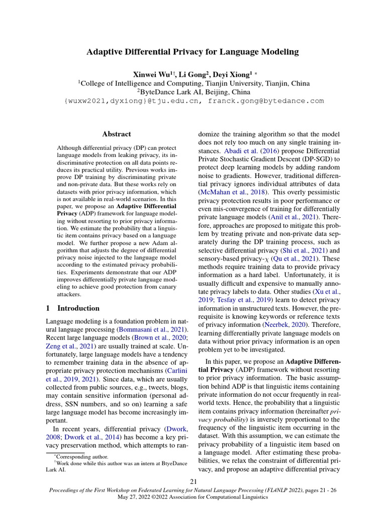 Adaptive Differential Privacy For Language Modeling | PDF | Applied ...
