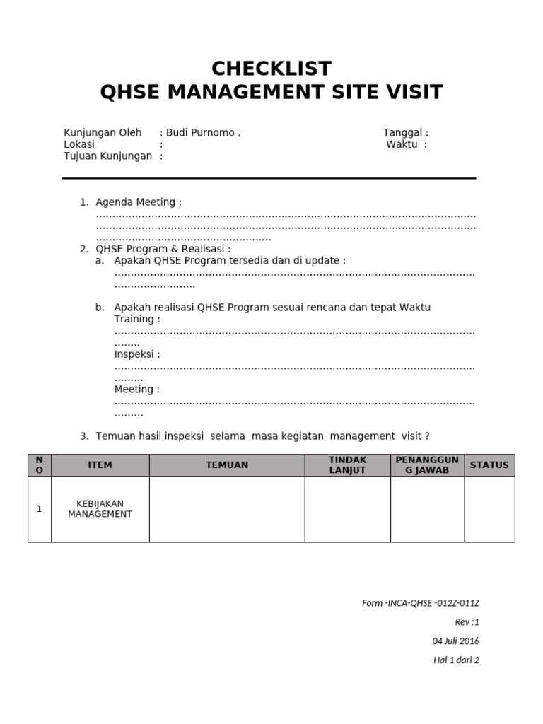Form - Inca-Qhse - 012z-011z - Rev - 01 - Checklist Management Visit | PDF