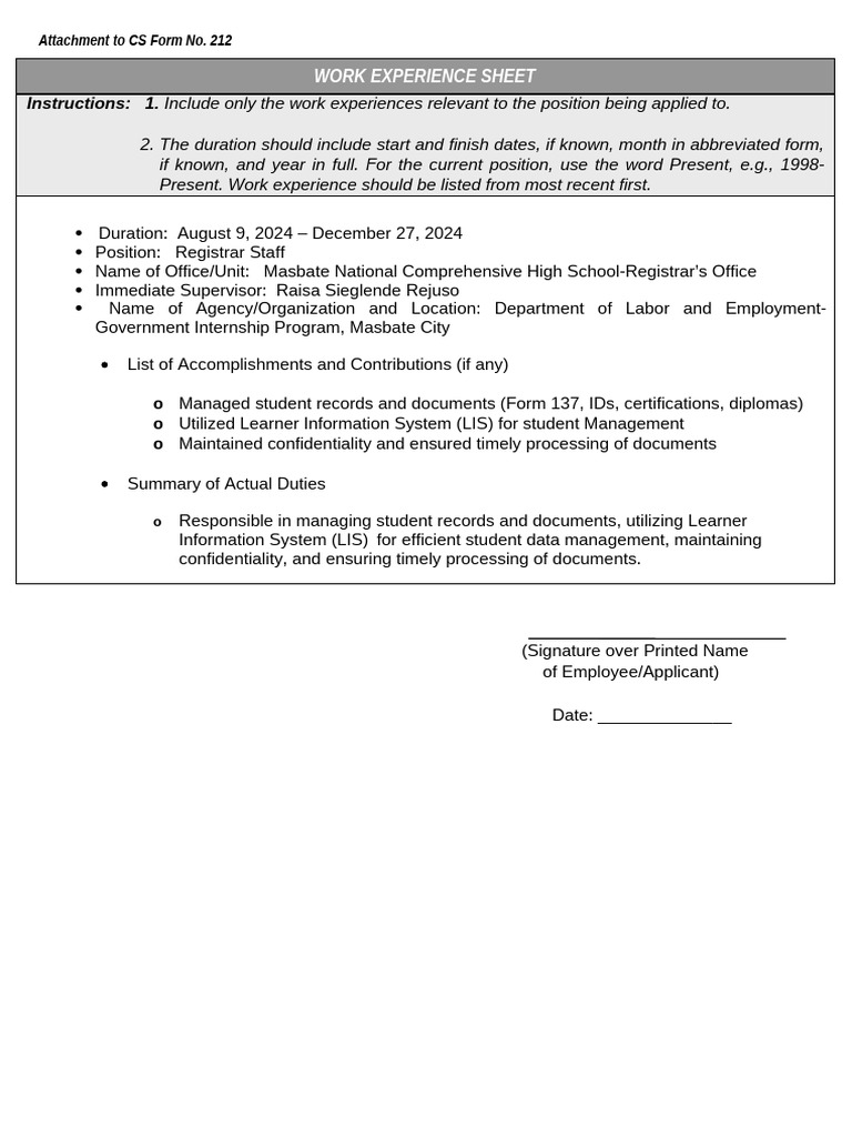 CS Form No. 212 Attachment - Work Experience Sheet | PDF