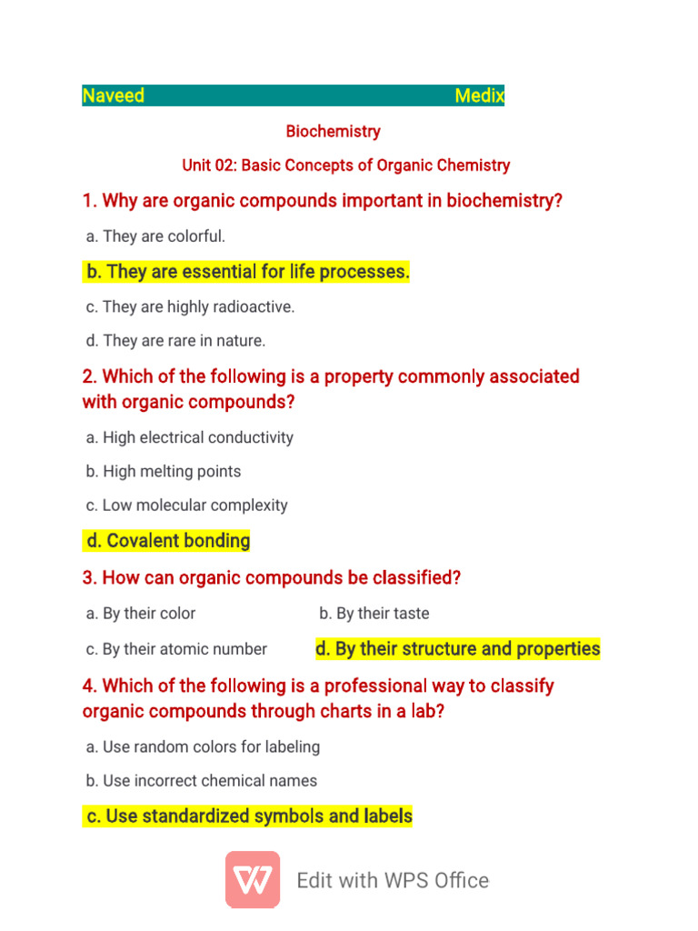 Unit 02 Basic Concepts of Organic Chemistry MCQs Compiled by Naveed ...