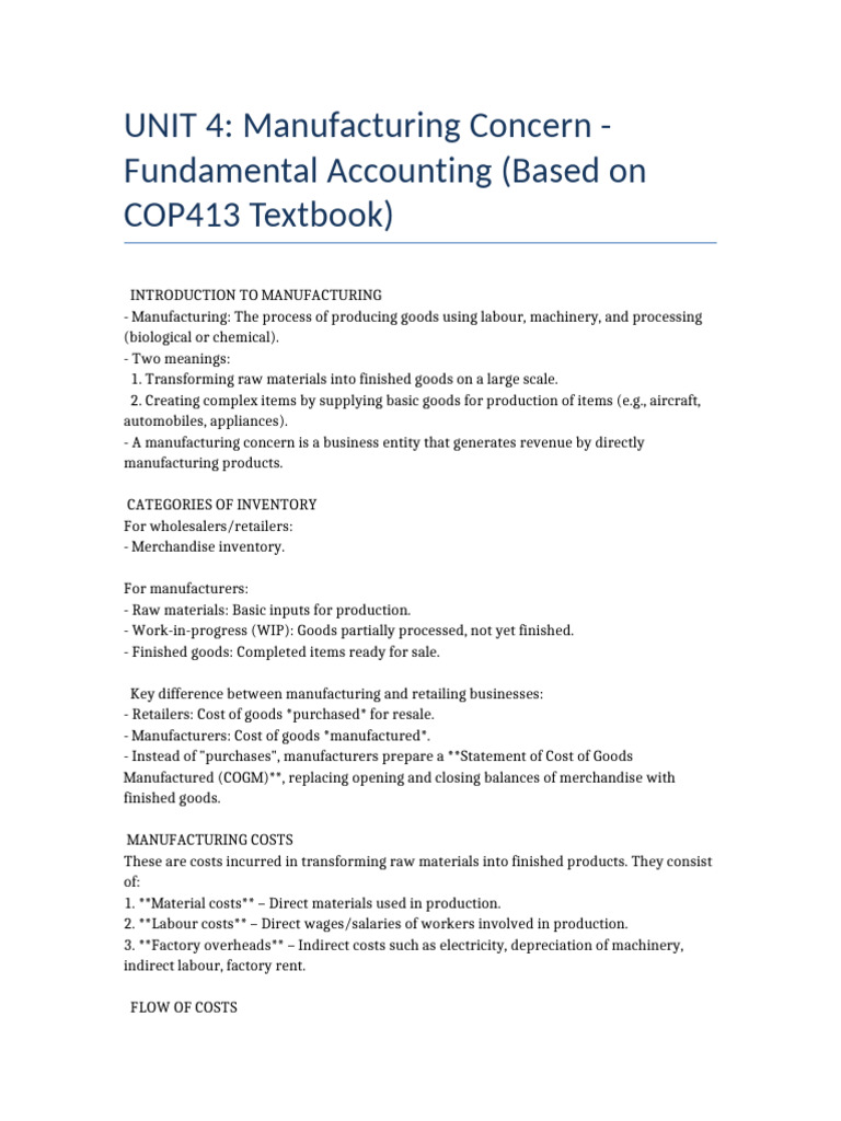 Manufacturing Concern Notes | PDF | Cost Of Goods Sold | Inventory