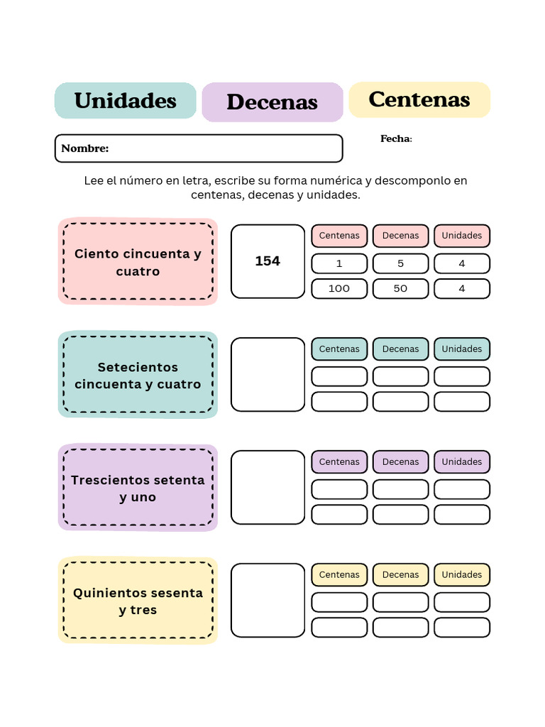 Hoja de Trabajo Números en Unidades Decenas y Centenas Sencillo ...