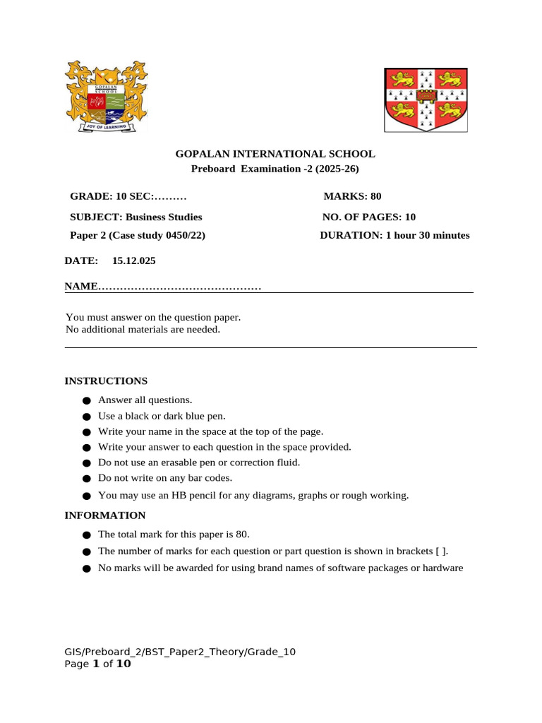 Preboard 2 Question Paper New | PDF | Business