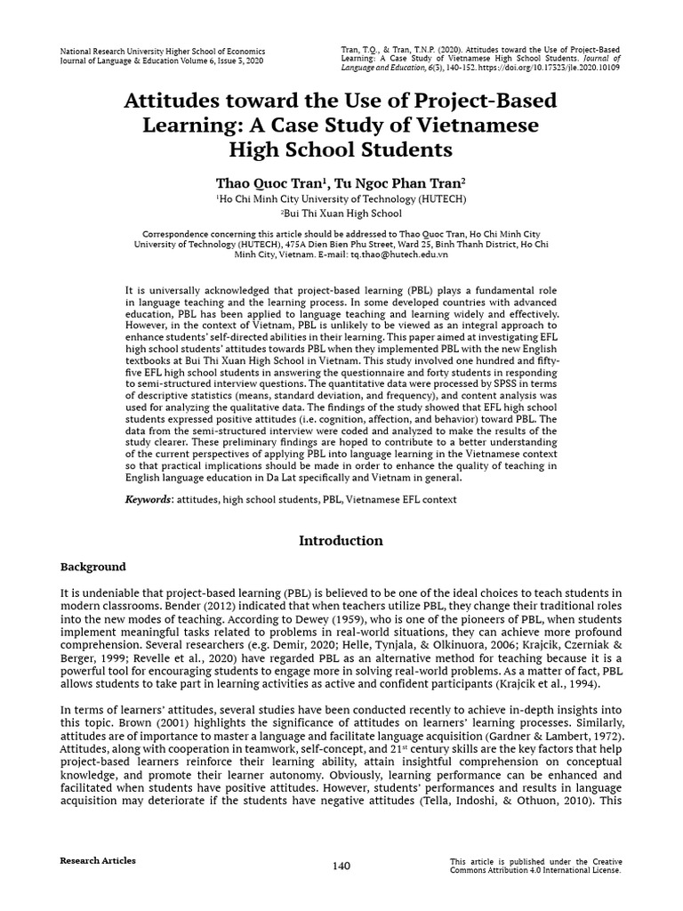Attitudes Toward The Use of Project Based Learning A Case Study of ...