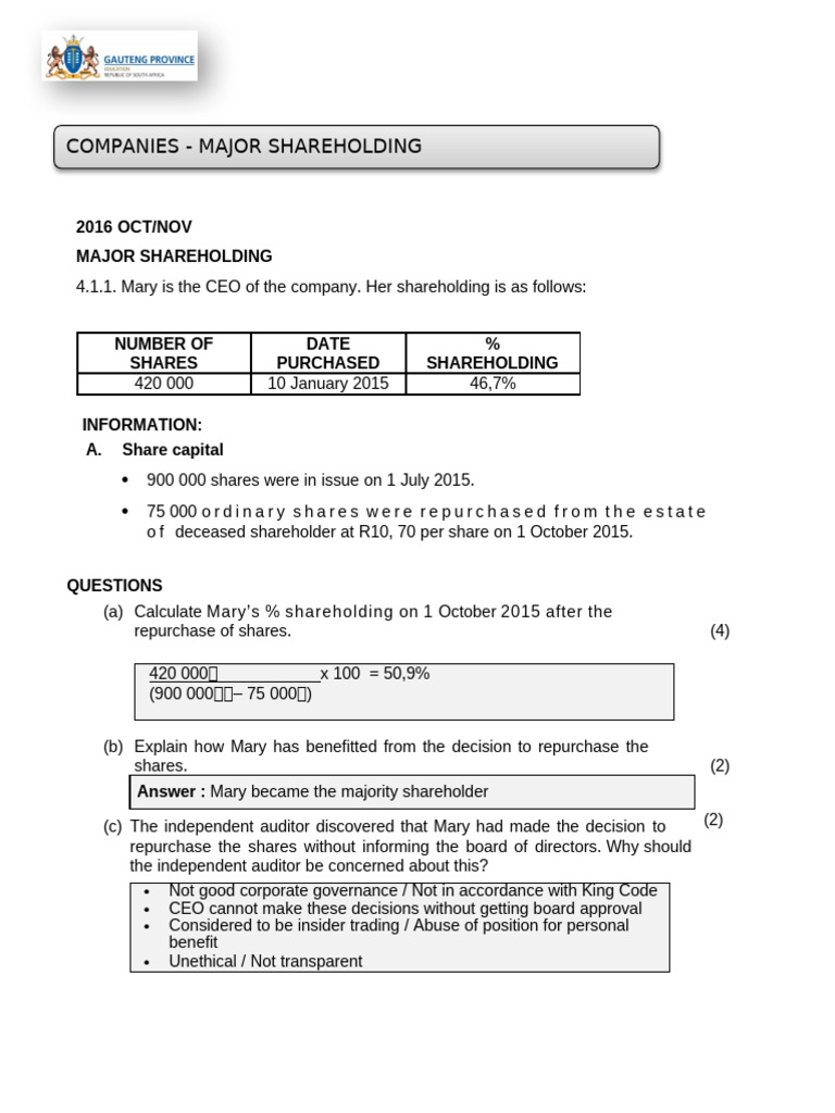 Major Shareholding | PDF | Dividend | Share Repurchase