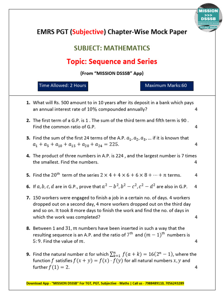 Test - 9 (Sequence and Series) | PDF | Mathematics | Chess Openings