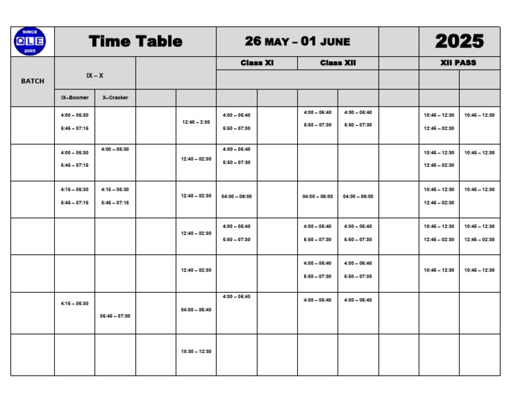 Batch Time Table 26 May To 01 Jun 2025. | PDF