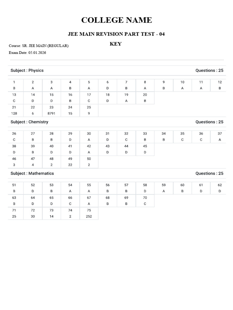 Sr. (Regular) Nit Jee Main Revision Part Test-04 Key & Solutions (05.01 ...