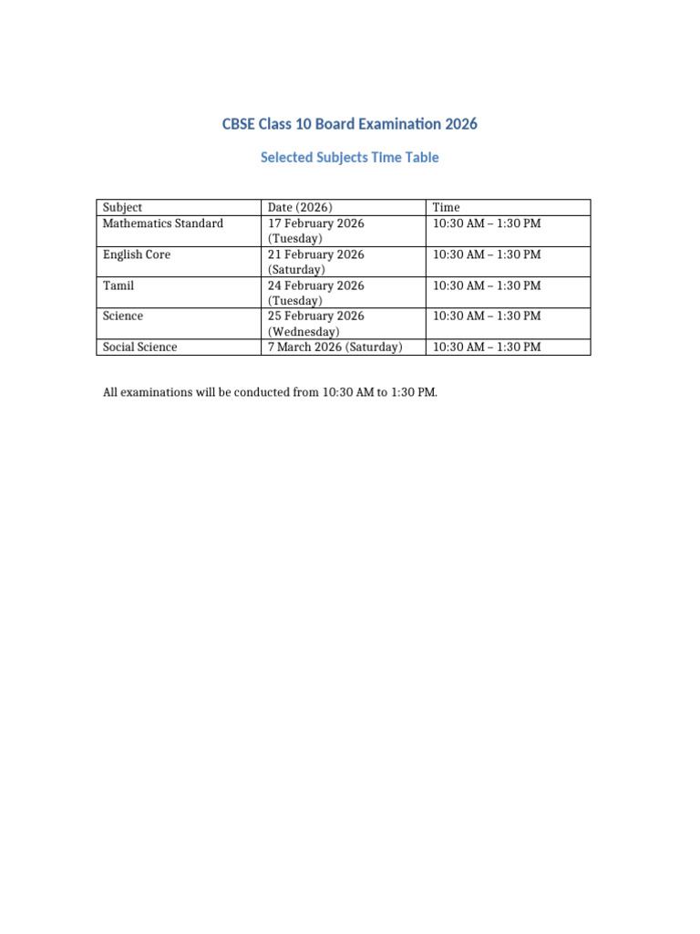 CBSE Class 10 Board Exams 2026 Selected Subjects | PDF