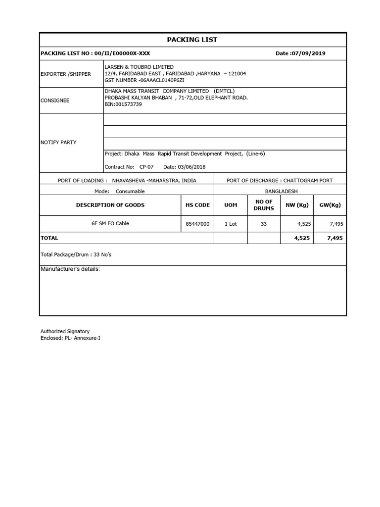 Packing List With Annexure - I | PDF