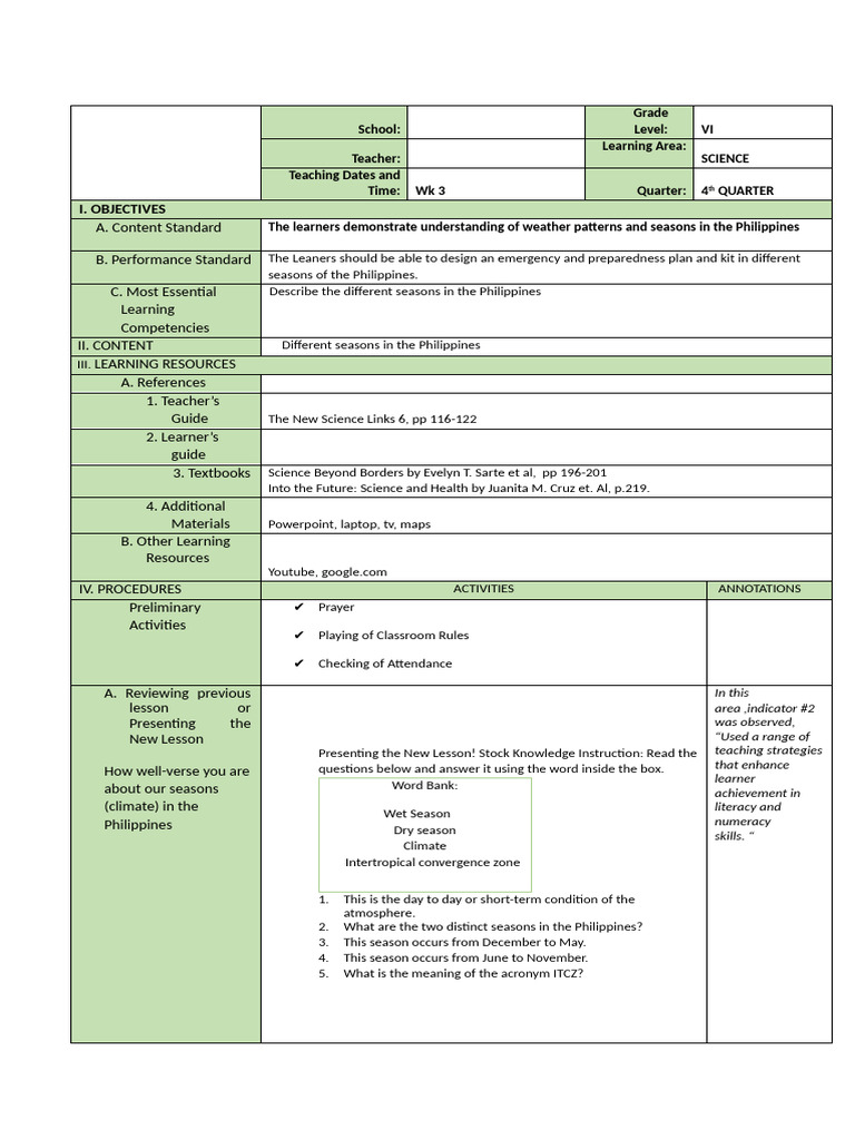 Zanne Sci 6 Q4 w3 Describe The Different Seasons in The Philippines F ...