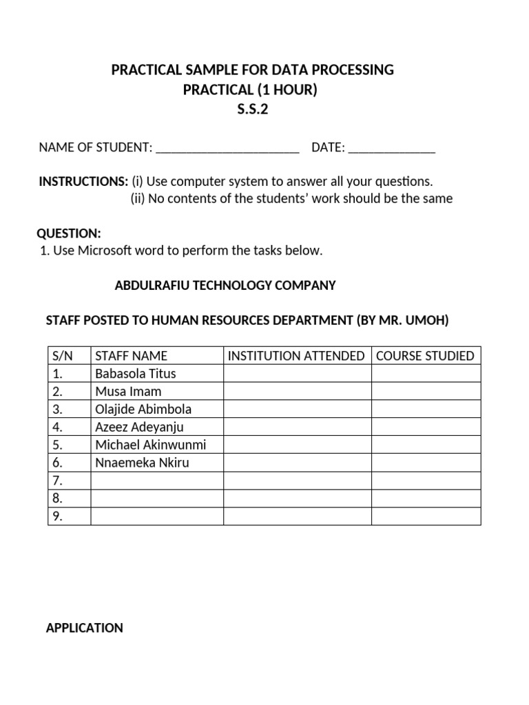 Data Processing Practical Sample For Ss2 | PDF