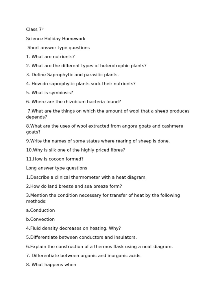 Class 7th Science Holiday Homework | PDF